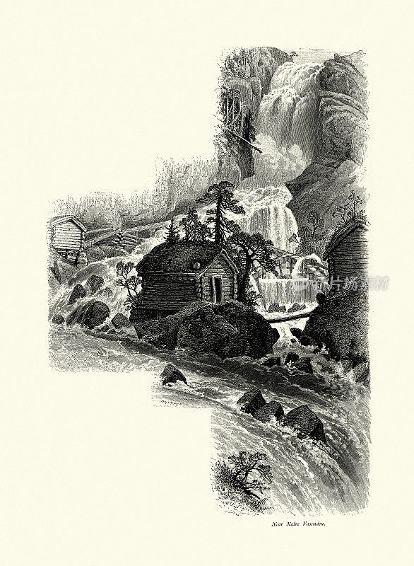 小木屋，瀑布，尼德雷瓦森登附近，挪威，19世纪