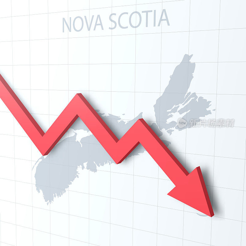 下落的红色箭头与新斯科舍省地图的背景