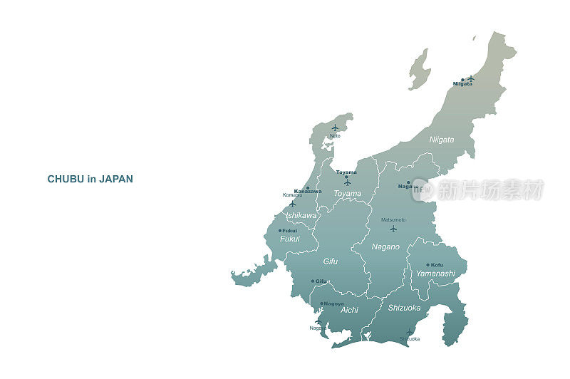 中部地图。日本区域矢量地图。