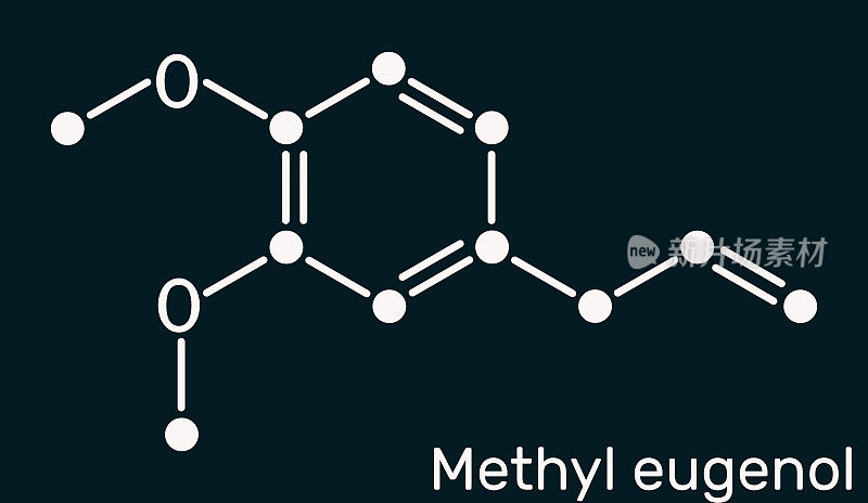 甲基丁香酚，烯丙基藜芦醇，甲基丁香酚分子。它是苯丙烯，苯丙醇的一种。在啮齿动物中用作调味剂、香精、麻醉剂。深蓝色背景上的骨架化学式