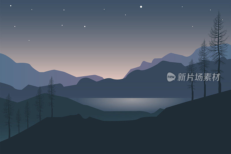 夜山的风景。日出在山上。黎明。湖。大自然。松树。美丽的景色。