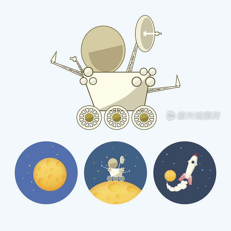 设置图标与月球，宇宙飞船，月球漫步者，漫游者，矢量插图