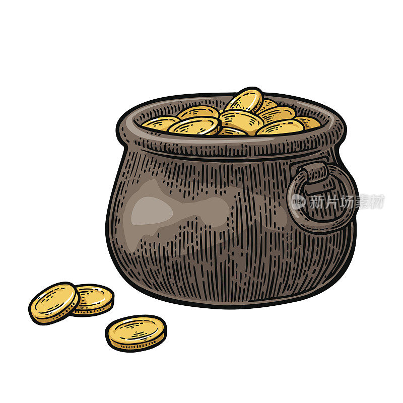一罐金币…矢量复古雕刻彩色插图