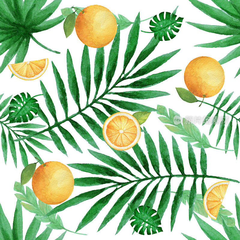 水彩无缝图案与多汁的橙子和热带树叶。