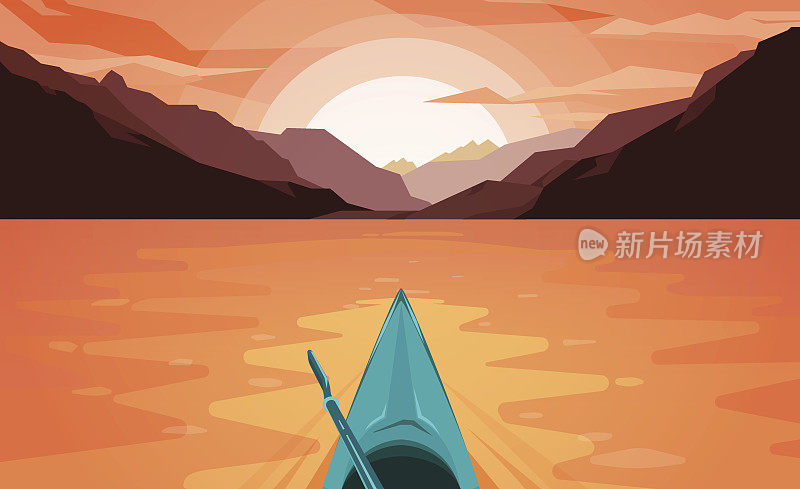 独木舟在湖上。日落。