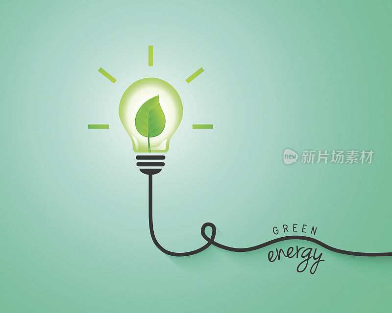 绿色能源概念与灯泡和树叶