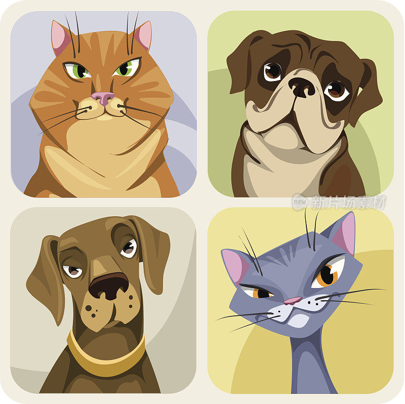 四幅不同情感的猫狗画像。