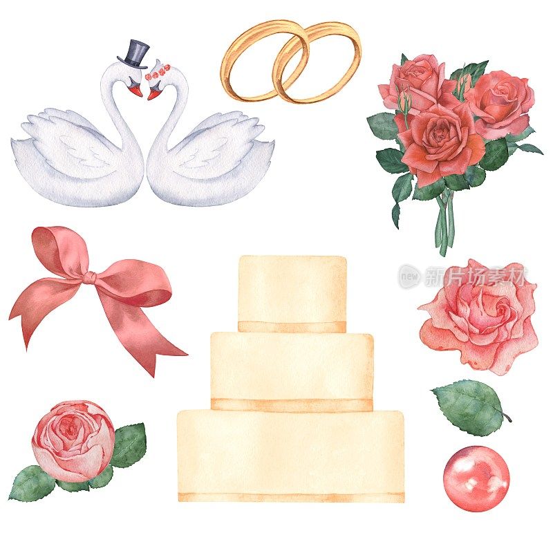 一套插图为装饰的婚礼卡片，海报，请柬。