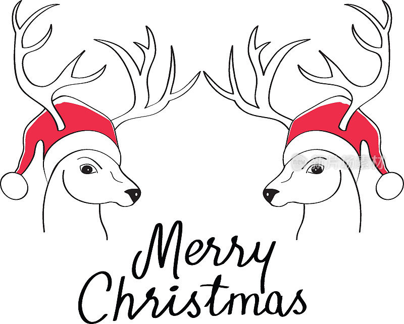 圣诞卡片与画鹿与圣诞老人的帽子。
