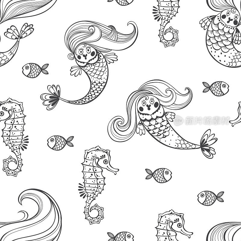 海底世界。无缝模式与美人鱼和海马。黑白矢量插图。