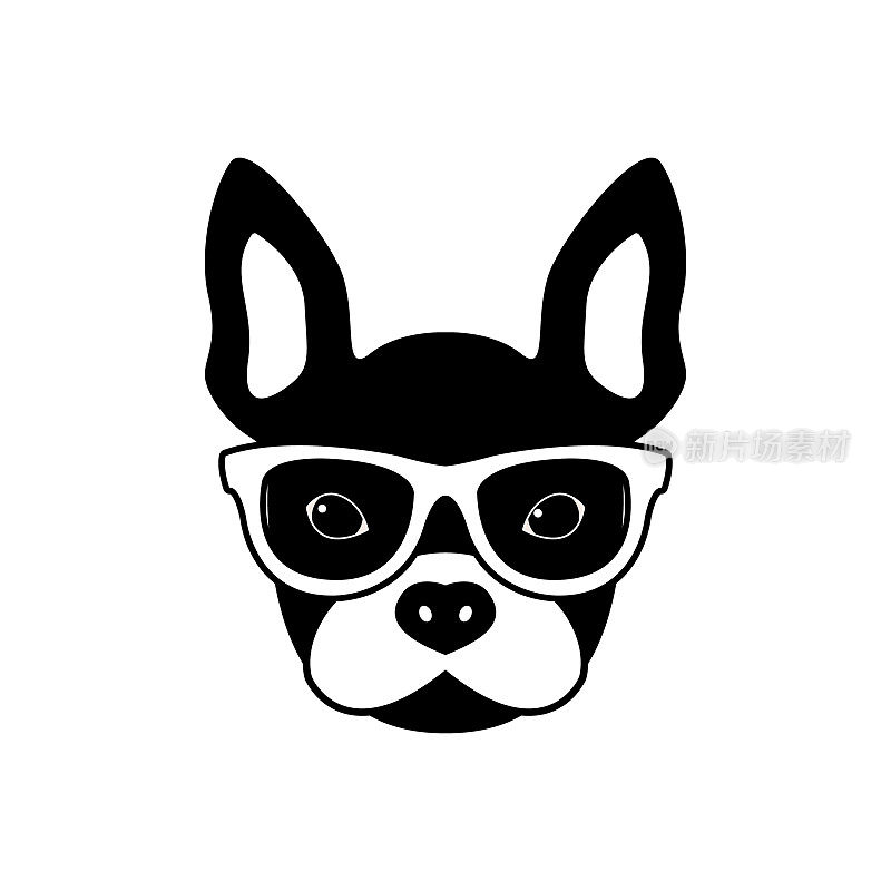 法国斗牛犬肖像配眼镜，黑白扁平风格。嬉皮士狗的矢量插图。