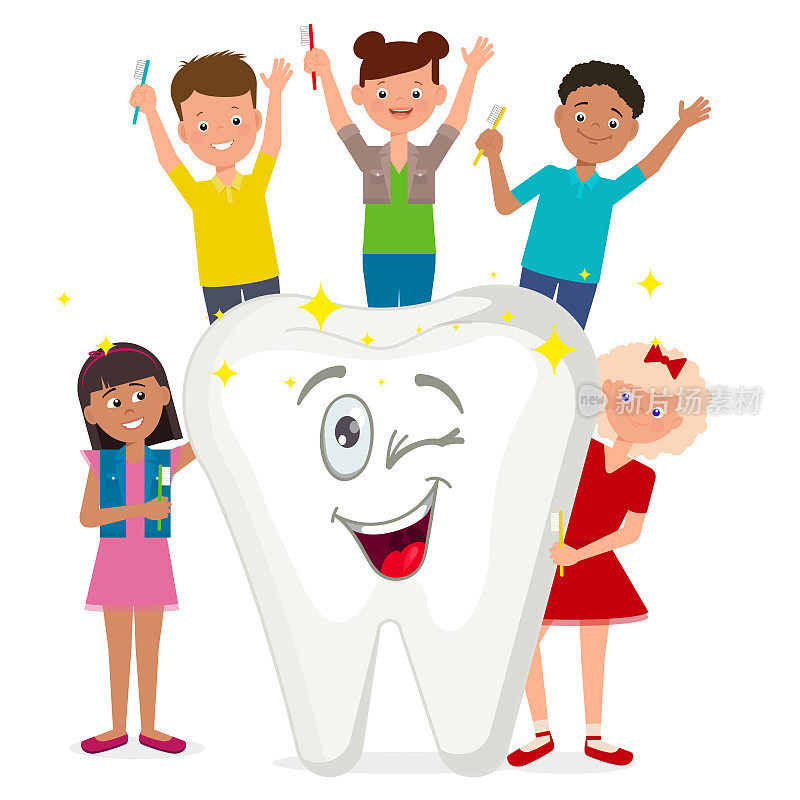 一张关于口腔卫生的欢快海报。孩子们刷牙