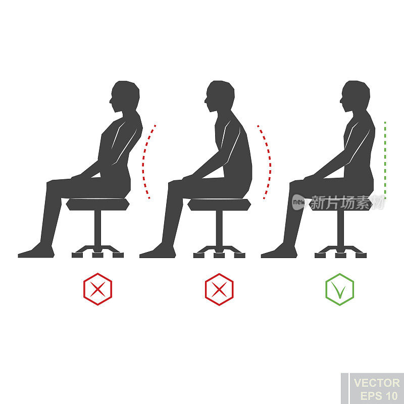向量-正确的背部位置，黑人剪影插图右人姿势
