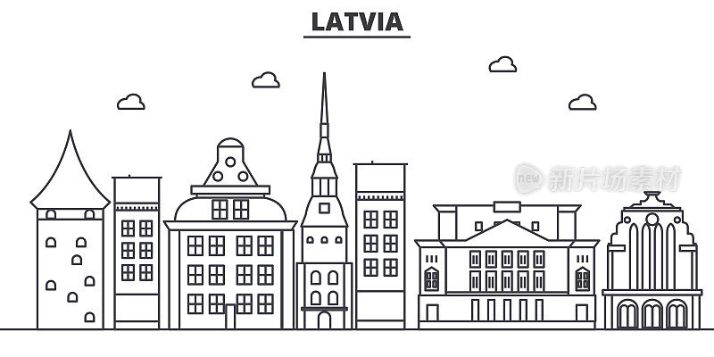拉脱维亚建筑线条天际线插图。线性向量的城市景观与著名的地标，城市景观，设计图标。风景与可编辑的笔触