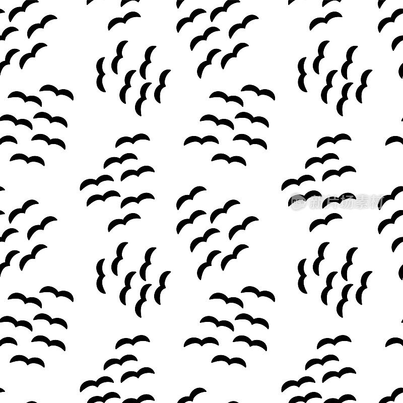 一群黑色的鸟在白色的背景上剪影。无缝的矢量模式。