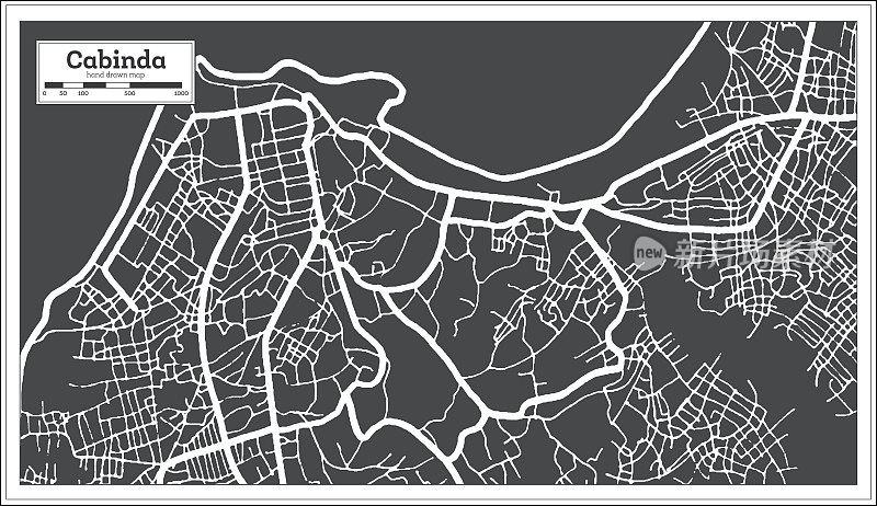 卡宾达安哥拉城市地图黑白复古风格。略图。