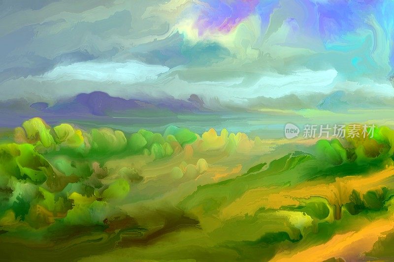 夏日风景，用液体颜料作画