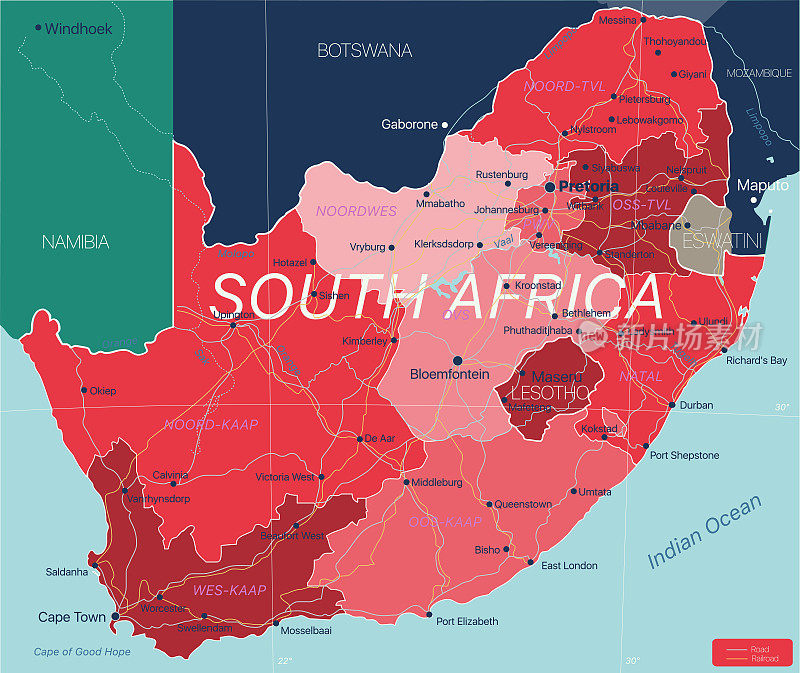 南非国家详细的可编辑地图