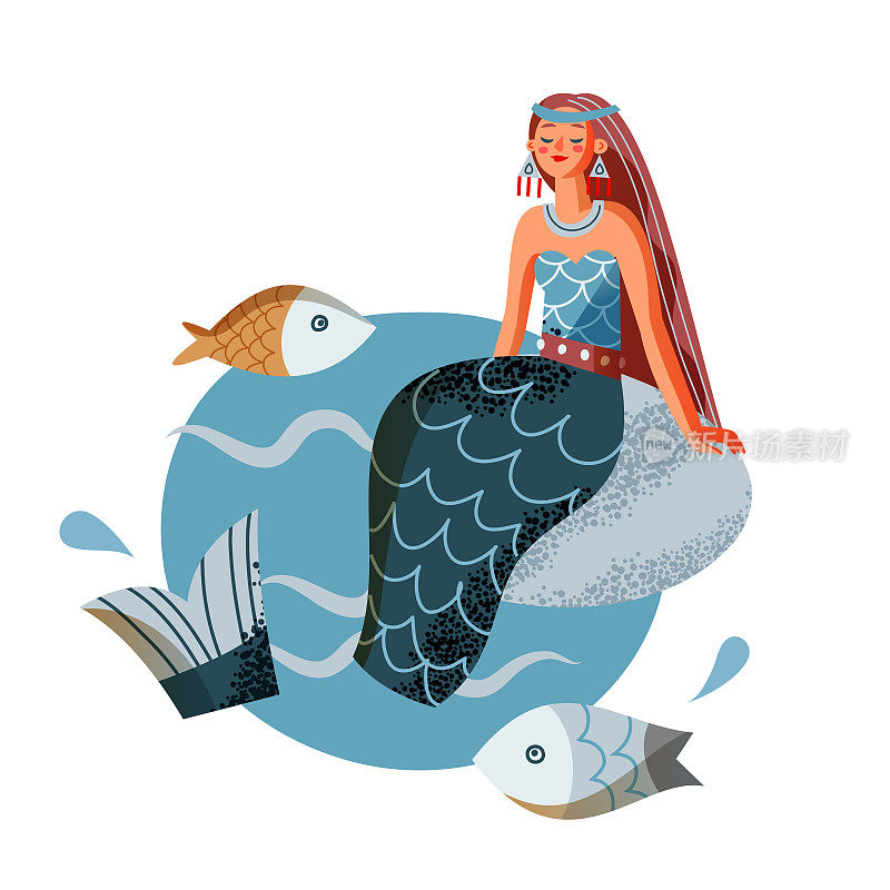 美人鱼坐在海里的岩石上。中世纪挪威神话和幻想故事矢量插图。年轻女子与尾巴和鳞片在水与鱼孤立在白色背景