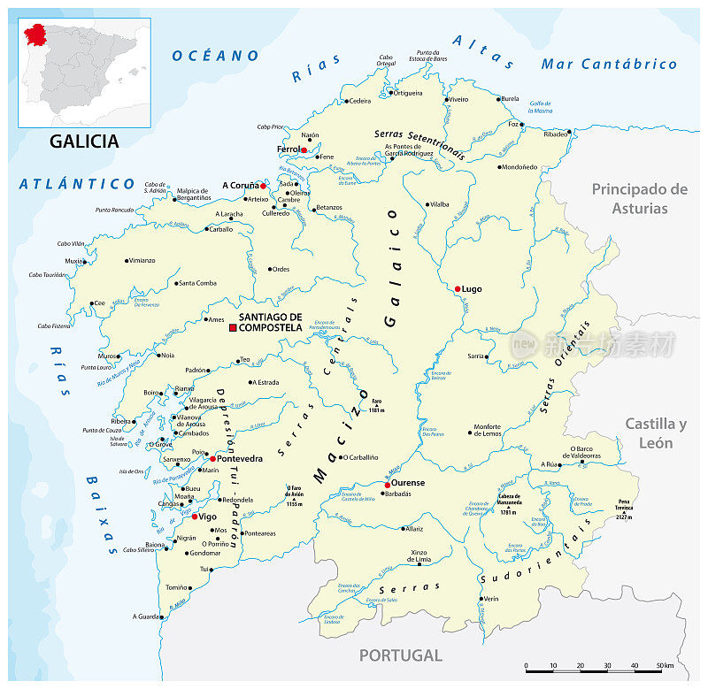 西班牙加利西亚自治区的矢量地图