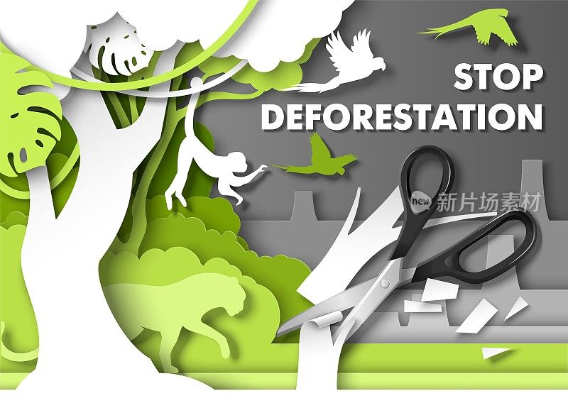 停止砍伐森林海报。丛林动物看着剪刀剪热带雨林的树，矢量剪纸插画。