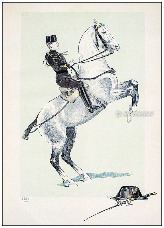马、骑士和骑兵的古董插图