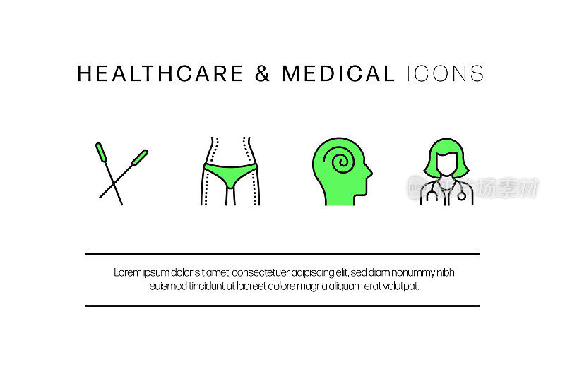 医疗保健和医疗平面线图标，轮廓矢量符号插图。