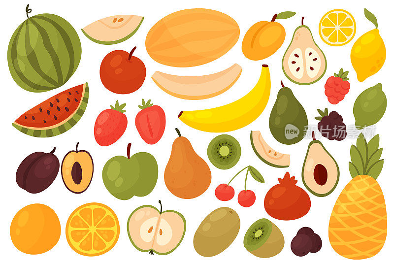 浆果和水果，橙，西瓜，苹果，李子，草莓，猕猴桃，梨，香蕉，鳄梨
