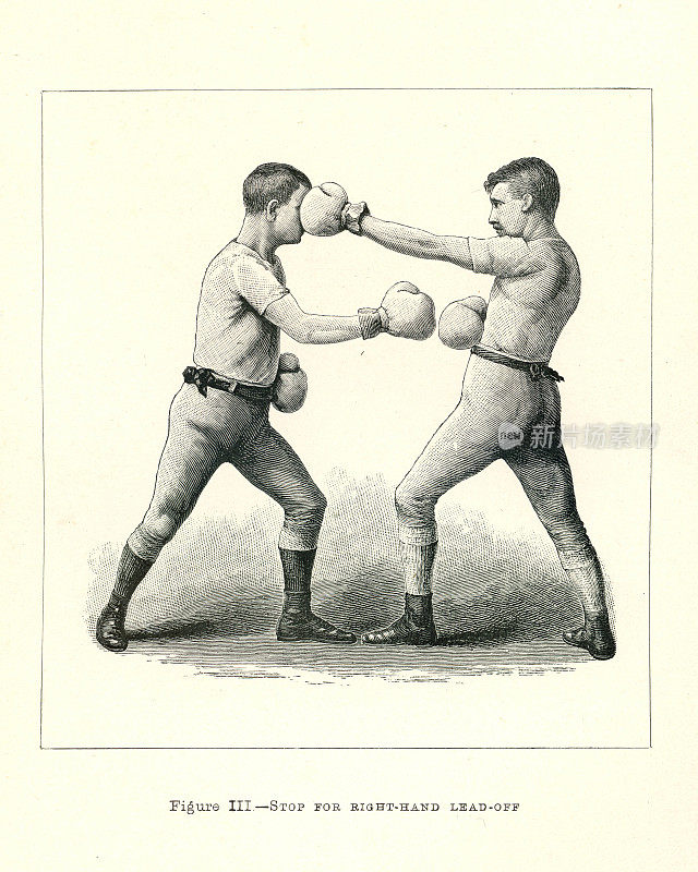 两个拳击手的复古插图，拳击位置，停止右手领先，维多利亚战斗运动，19世纪