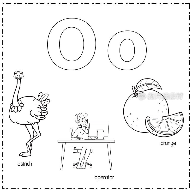 向量插图学习字母O的小写和大写的儿童与3卡通图像。鸵鸟运营商Orange。
