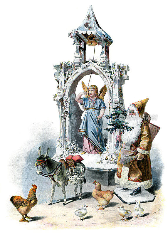 圣诞老人与天使和动物绘画1897年
