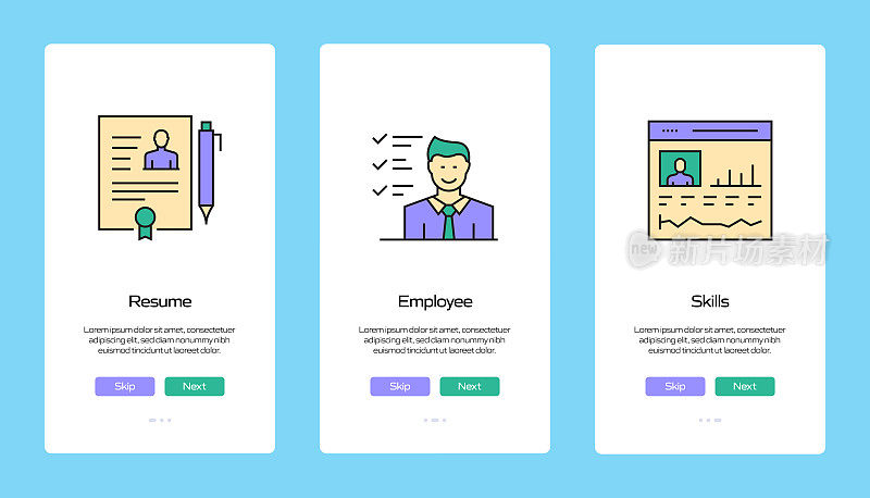 工作和简历概念入职手机应用程序页面屏幕与平面图标。UI设计模板矢量插图