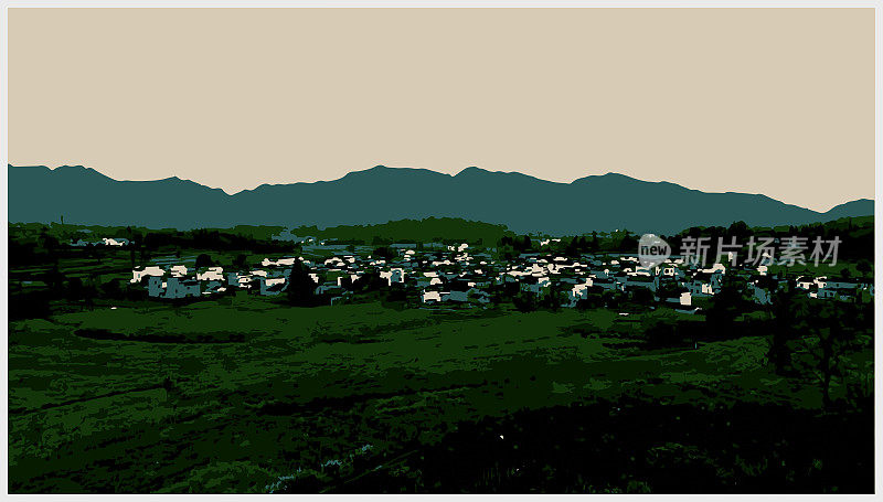 彩色木刻风格的乡村风光山水，山在田野