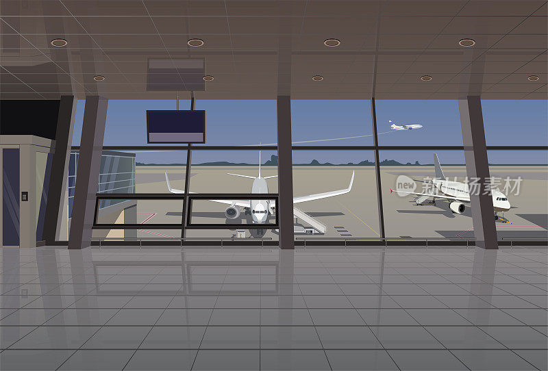 PrintAirport，飞机视图，登机门。向量。