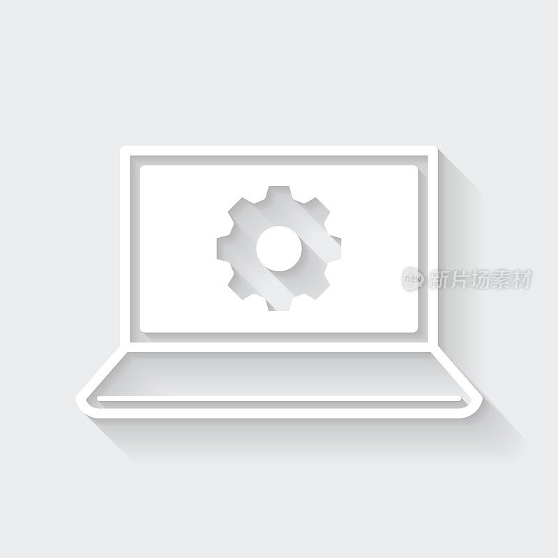 笔记本电脑设置-齿轮。图标与空白背景上的长阴影-平面设计