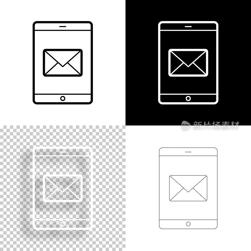 平板电脑与电子邮件信息。图标设计。空白，白色和黑色背景-线图标
