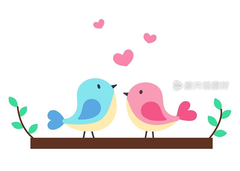 两只鸟在树枝上。可爱的插图在卡通平面风格。春天，爱情和情人节的概念。印刷卡片，衣服，纺织品，设计和装饰