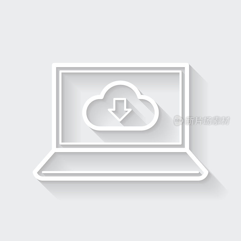 云下载到笔记本电脑。图标与空白背景上的长阴影-平面设计