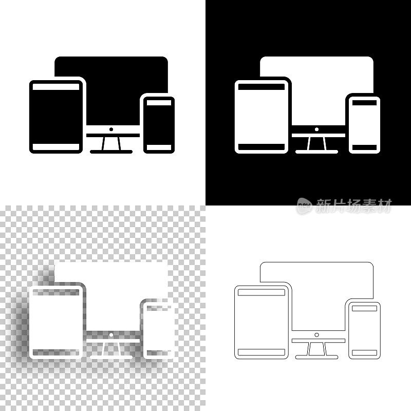 台式电脑、平板电脑和智能手机。图标设计。空白，白色和黑色背景-线图标
