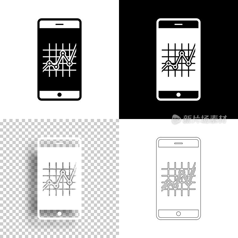 智能手机与图。图标设计。空白，白色和黑色背景-线图标