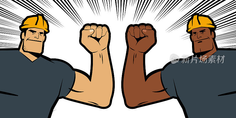 两个强壮的工人戴着安全帽举起拳头，背景是漫画效果的线条
