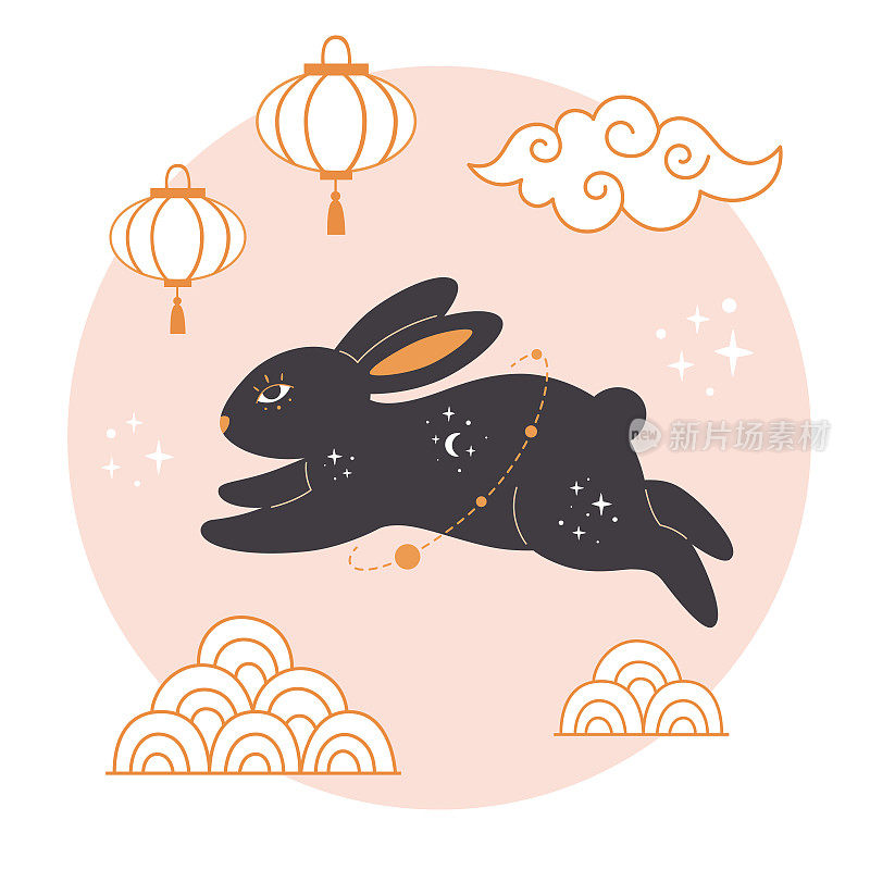 2023年春节贺卡，可爱的兔子。(兔年)中秋节。亚洲风格。手绘矢量插图