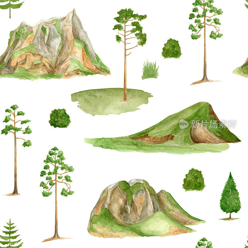 水彩山无缝图案。手绘高翠的山峰，孤立的白松上。夏季森林背景。自然林地插图。徒步旅行,旅行设计。