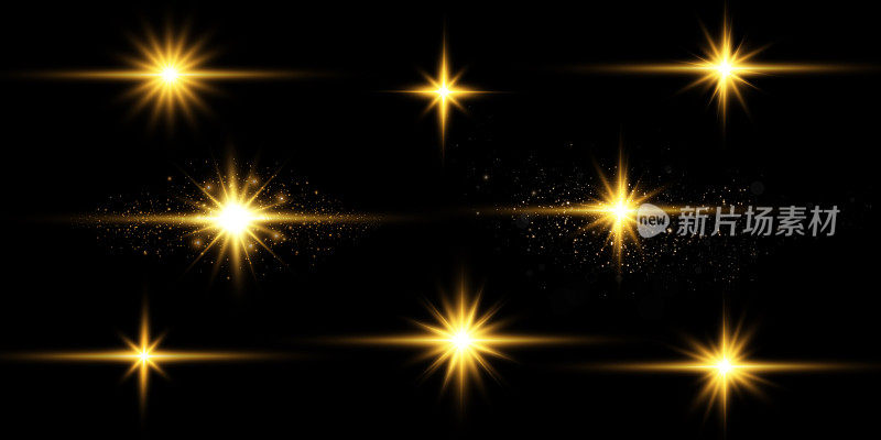 收集各种发光的恒星。强光:太阳光发出的一束强光闪光。发光效果，火花，光辉，闪耀。矢量插图在黑色背景。