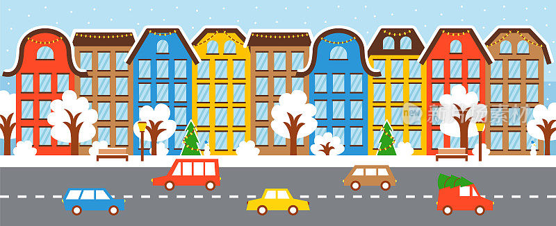 居民区的圣诞街。马路旁的平房被雪覆盖着，车也很简单。