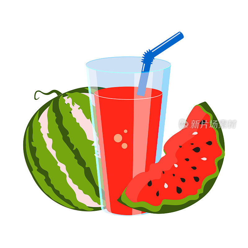 鲜红的西瓜汁装在透明玻璃中，用吸管吸管吸。健康健康的饮料在一个现代的设计在白色的背景。向量。