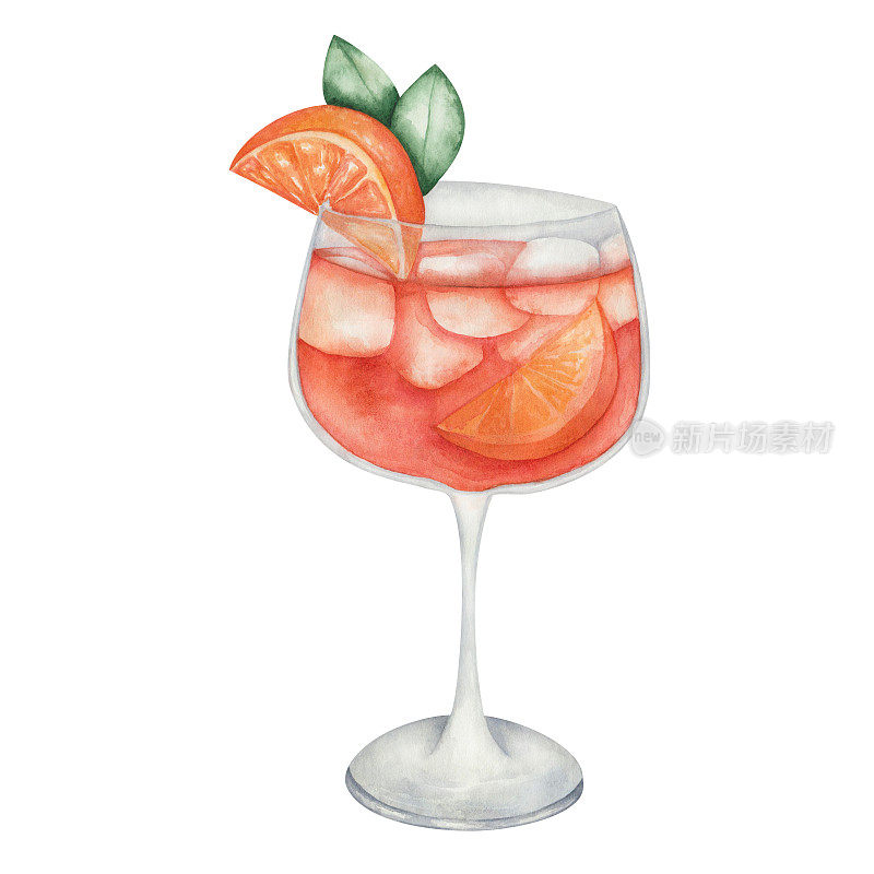 水彩手绘橙鸡尾酒在玻璃与切片水果橙，绿叶，立方冰。在餐厅、咖啡馆的菜单上，孤立的带有aperol喷雾剂的高脚杯剪贴画。酒精饮料喝