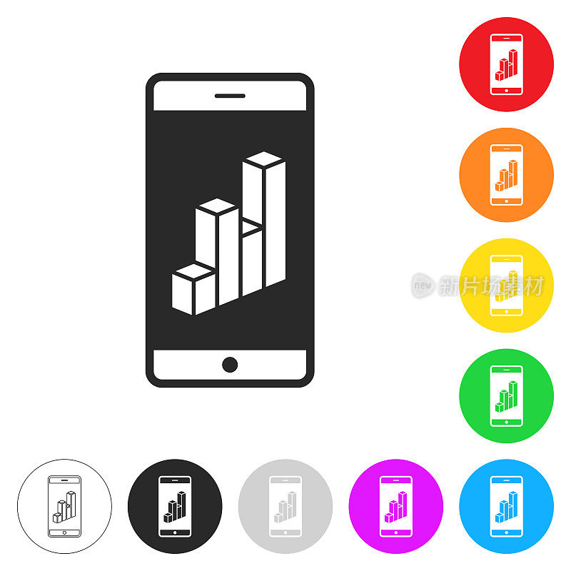 智能手机与3D图表。彩色按钮上的图标