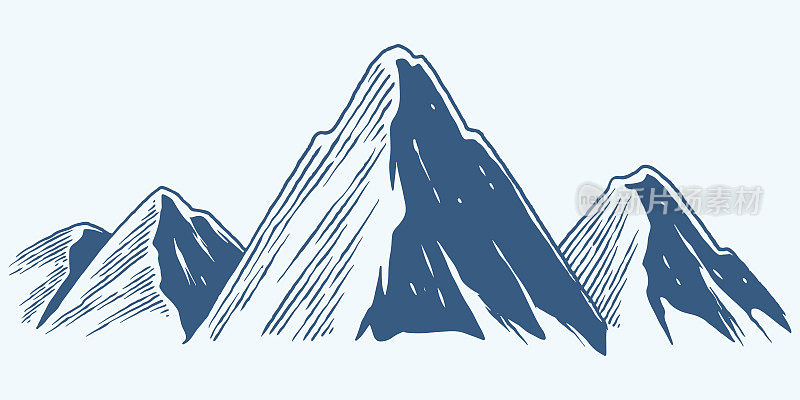 四手绘直线山地丘陵高原草图插图孤立在白色背景。