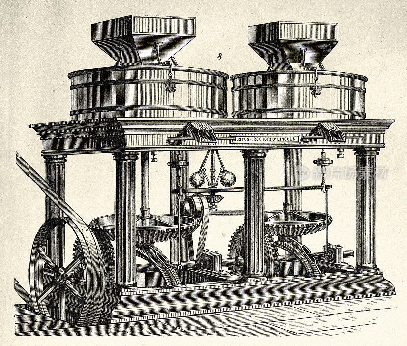 复古插画，维多利亚时代工业机械，双平面石磨，19世纪70年代